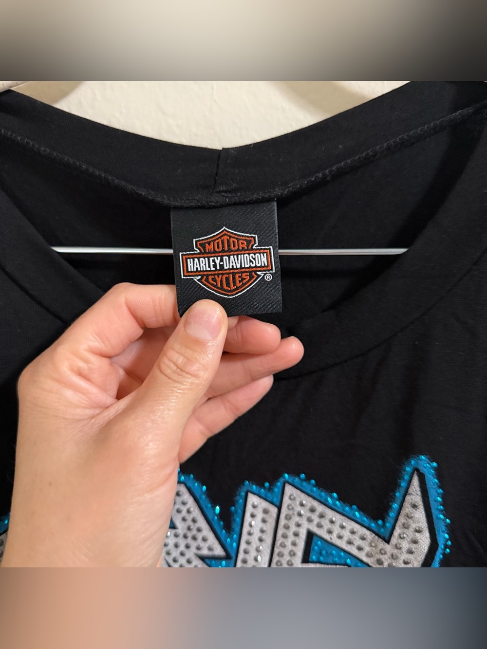 Harley-Davidson Bling Rhinestone Tank Top Medium High Low Teal Blue Born To Ride - Picture 6 of 9